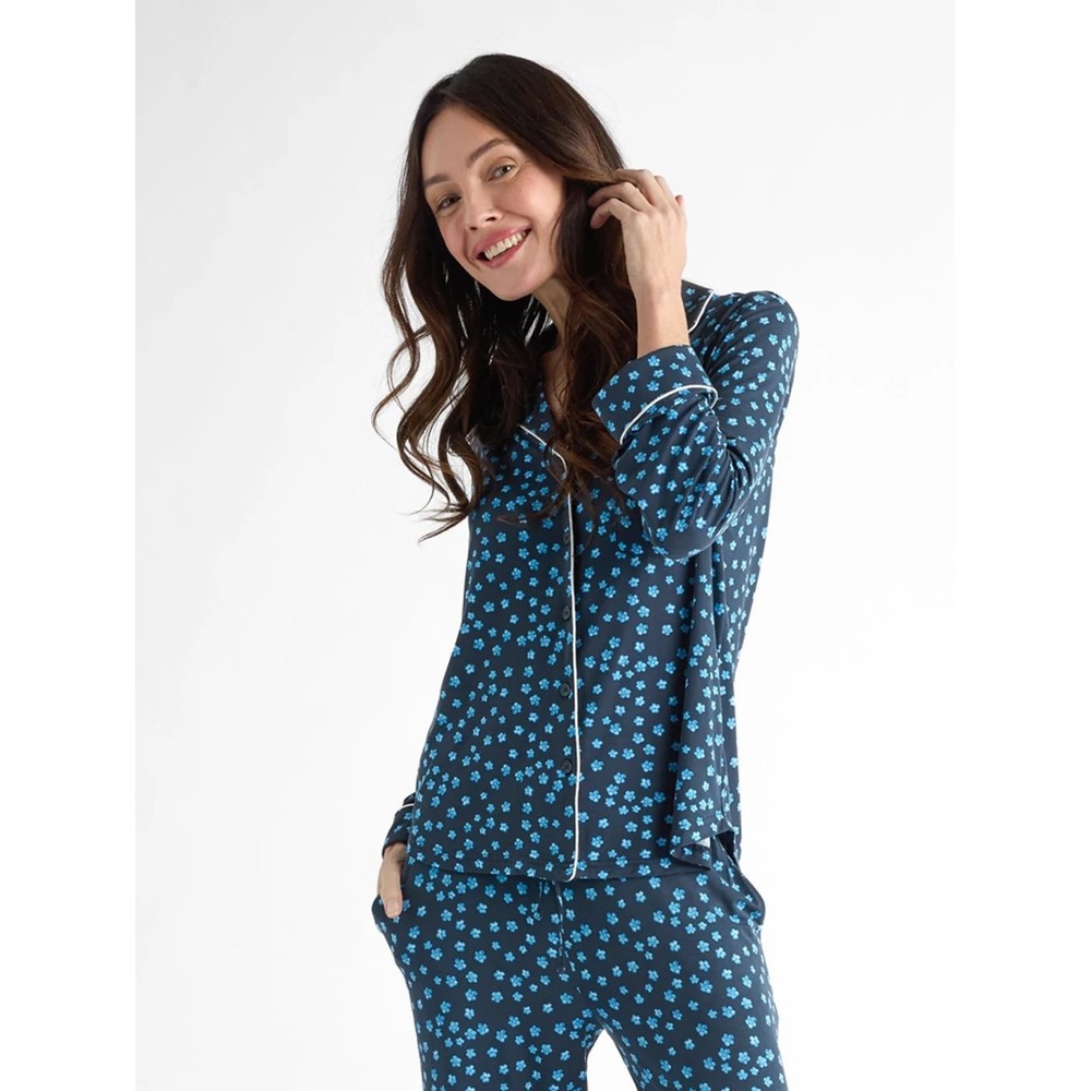 Cozy Earth Women Bamboo Stretch-Knit Long-Sleeve Pajama Top Forget Me Nots M